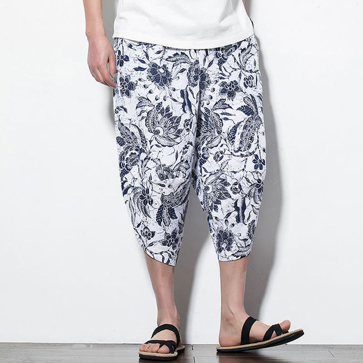 Pantaloni harem lunghi da uomo in cotone con stampa di foglie e pietre Buddha Stones
