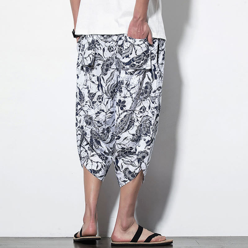 Pantaloni harem lunghi da uomo in cotone con stampa di foglie e pietre Buddha Stones