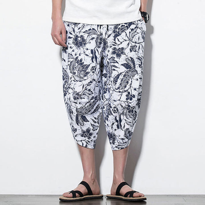 Pantaloni harem lunghi da uomo in cotone con stampa di foglie e pietre Buddha Stones