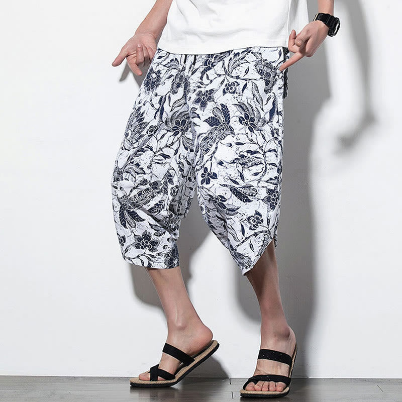 Pantaloni harem lunghi da uomo in cotone con stampa di foglie e pietre Buddha Stones