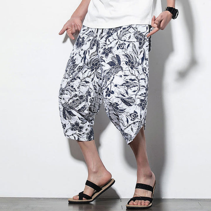 Pantaloni harem lunghi da uomo in cotone con stampa di foglie e pietre Buddha Stones