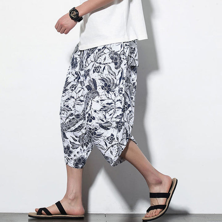Pantaloni harem lunghi da uomo in cotone con stampa di foglie e pietre Buddha Stones