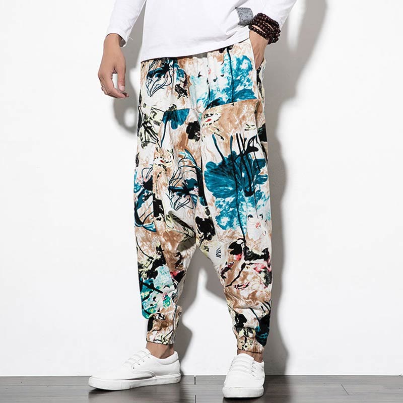 Pantaloni harem lunghi da uomo in cotone con tasche, stampati con Buddha Stones, fiori, foglie, marrone e blu - image 7