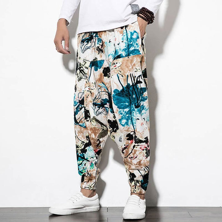 Pantaloni harem lunghi da uomo in cotone con tasche, stampati con Buddha Stones, fiori, foglie, marrone e blu - image 8