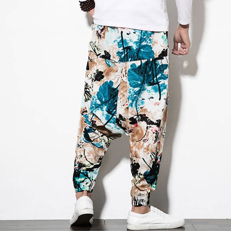 Pantaloni harem lunghi da uomo in cotone con tasche, stampati con Buddha Stones, fiori, foglie, marrone e blu - image 2