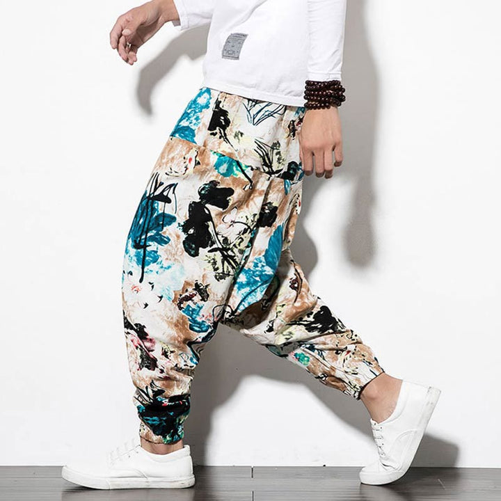 Pantaloni harem lunghi da uomo in cotone con tasche, stampati con Buddha Stones, fiori, foglie, marrone e blu - Stile lungo SandyBrown Blue - US/UK/AU46, EU56 (5XL) - image 1
