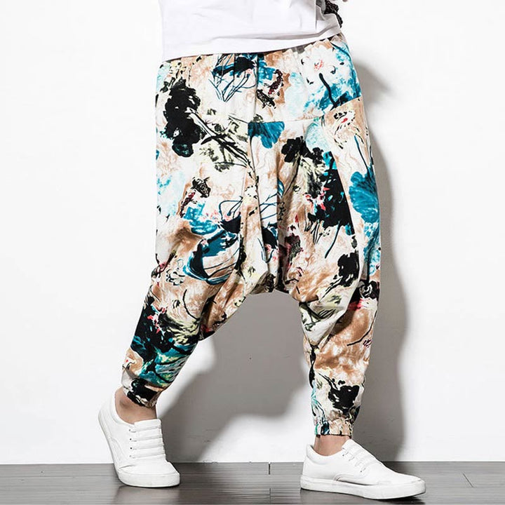Pantaloni harem lunghi da uomo in cotone con tasche, stampati con Buddha Stones, fiori, foglie, marrone e blu - image 5