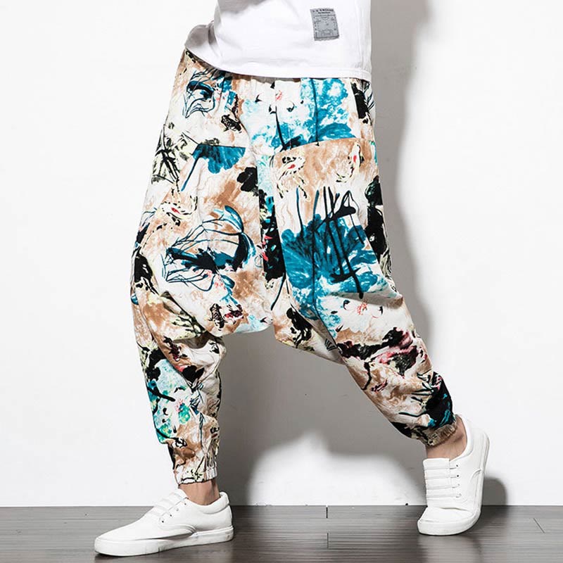 Pantaloni harem lunghi da uomo in cotone con tasche, stampati con Buddha Stones, fiori, foglie, marrone e blu - image 7