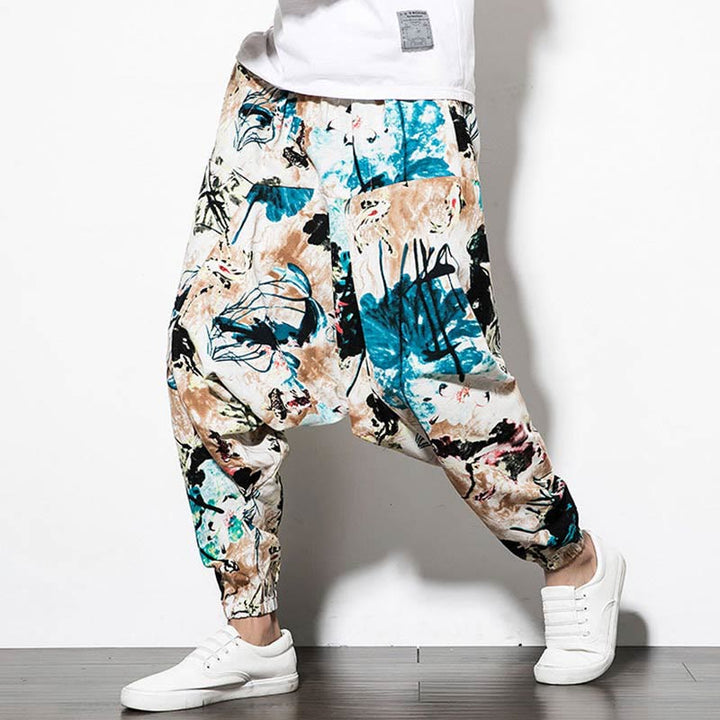 Pantaloni harem lunghi da uomo in cotone con tasche, stampati con Buddha Stones, fiori, foglie, marrone e blu - image 7