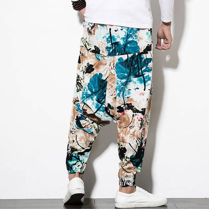 Pantaloni harem lunghi da uomo in cotone con tasche, stampati con Buddha Stones, fiori, foglie, marrone e blu - image 3