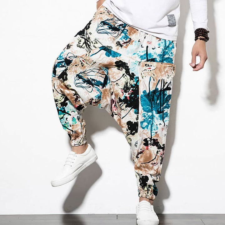 Pantaloni harem lunghi da uomo in cotone con tasche, stampati con Buddha Stones, fiori, foglie, marrone e blu - image 9