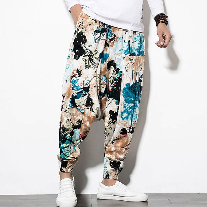 Pantaloni harem lunghi da uomo in cotone con tasche, stampati con Buddha Stones, fiori, foglie, marrone e blu - image 5