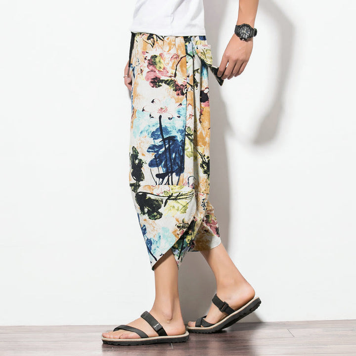 Pantaloni harem lunghi da uomo in cotone con tasche, stampati con Buddha Stones, fiori, foglie, marrone e blu - image 15