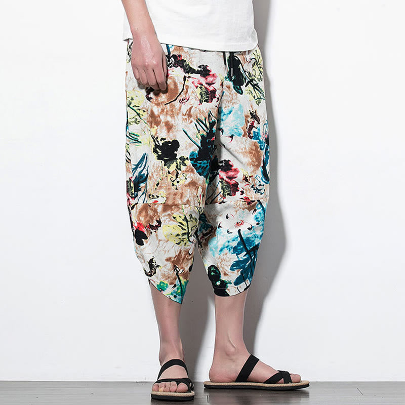 Pantaloni harem lunghi da uomo in cotone con tasche, stampati con Buddha Stones, fiori, foglie, marrone e blu - image 14