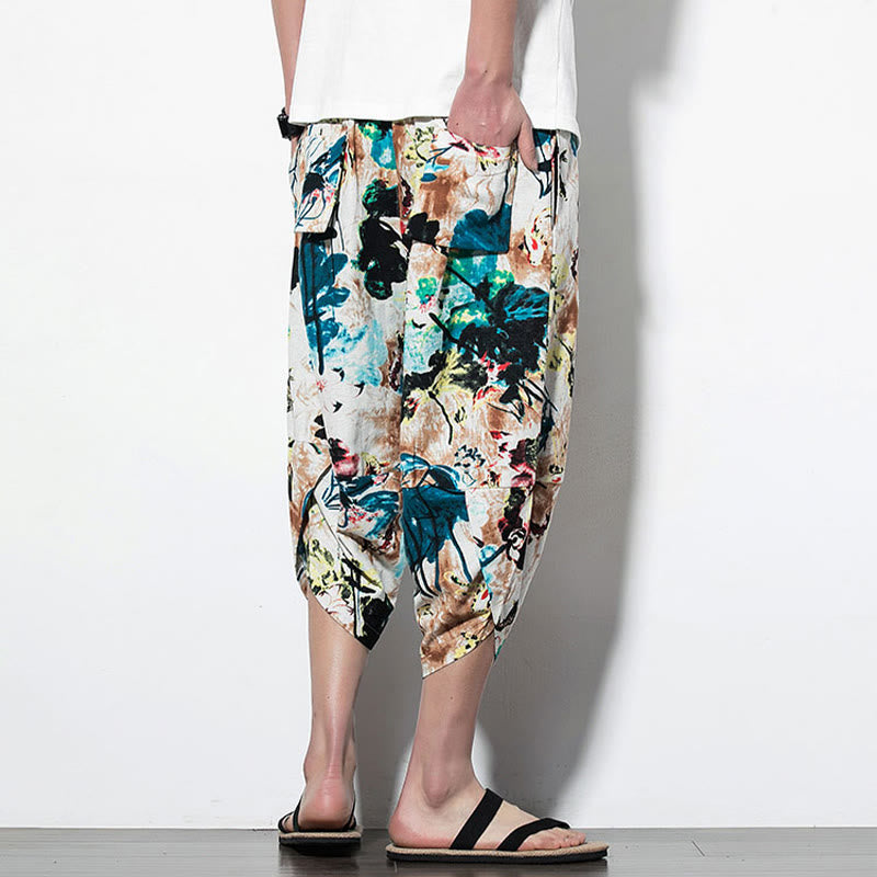 Pantaloni harem lunghi da uomo in cotone con tasche, stampati con Buddha Stones, fiori, foglie, marrone e blu - image 12