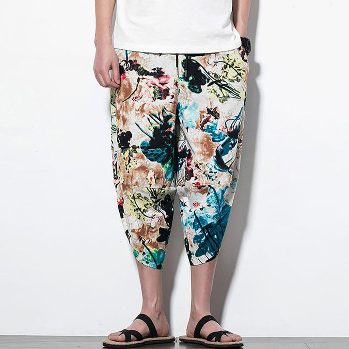 Pantaloni harem lunghi da uomo in cotone con tasche, stampati con Buddha Stones, fiori, foglie, marrone e blu - image 11