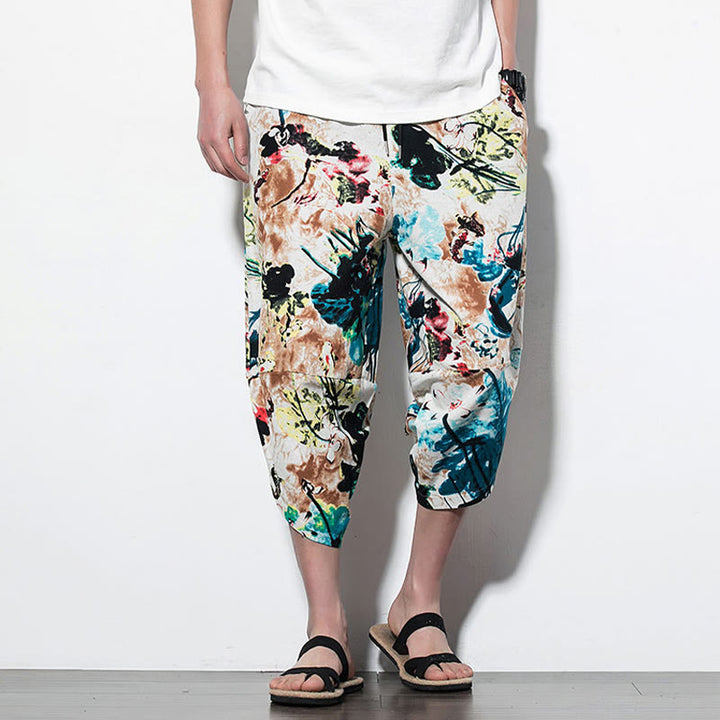 Pantaloni harem lunghi da uomo in cotone con tasche, stampati con Buddha Stones, fiori, foglie, marrone e blu - image 16