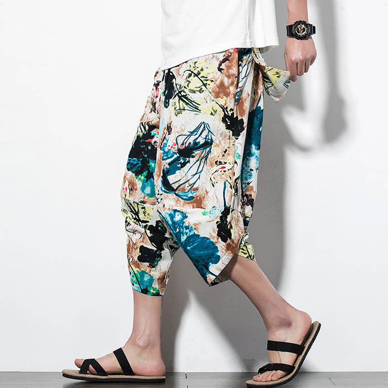 Pantaloni harem lunghi da uomo in cotone con tasche, stampati con Buddha Stones, fiori, foglie, marrone e blu - Stile corto SandyBrown Blue - US/UK/AU46, EU56 (5XL) - image 10