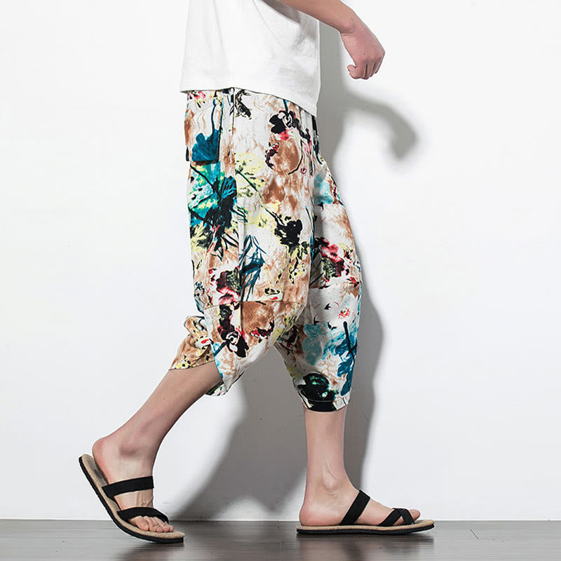 Pantaloni harem lunghi da uomo in cotone con tasche, stampati con Buddha Stones, fiori, foglie, marrone e blu - image 17