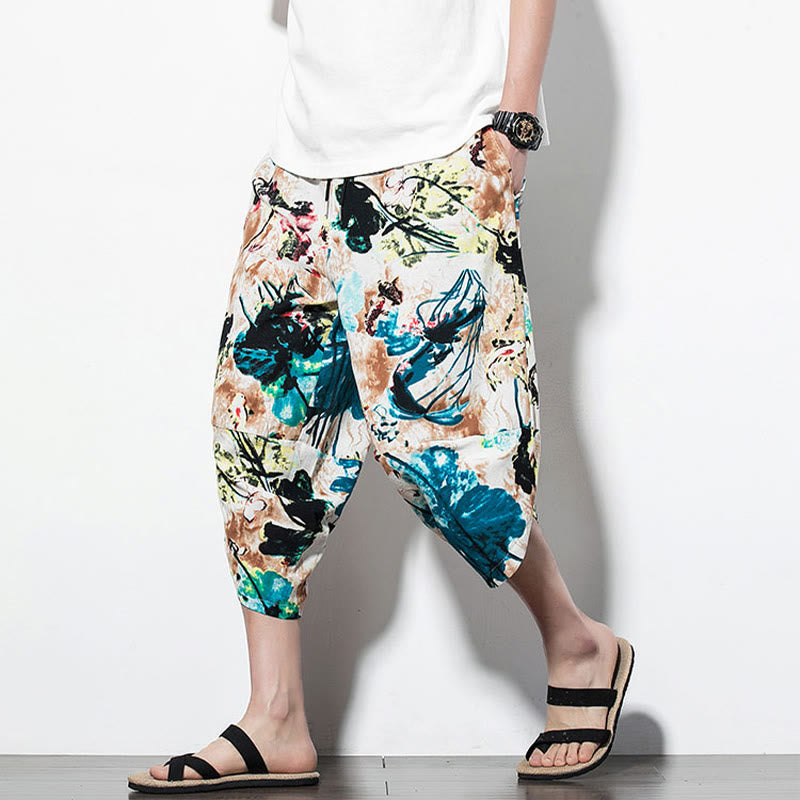 Pantaloni harem lunghi da uomo in cotone con tasche, stampati con Buddha Stones, fiori, foglie, marrone e blu - image 19