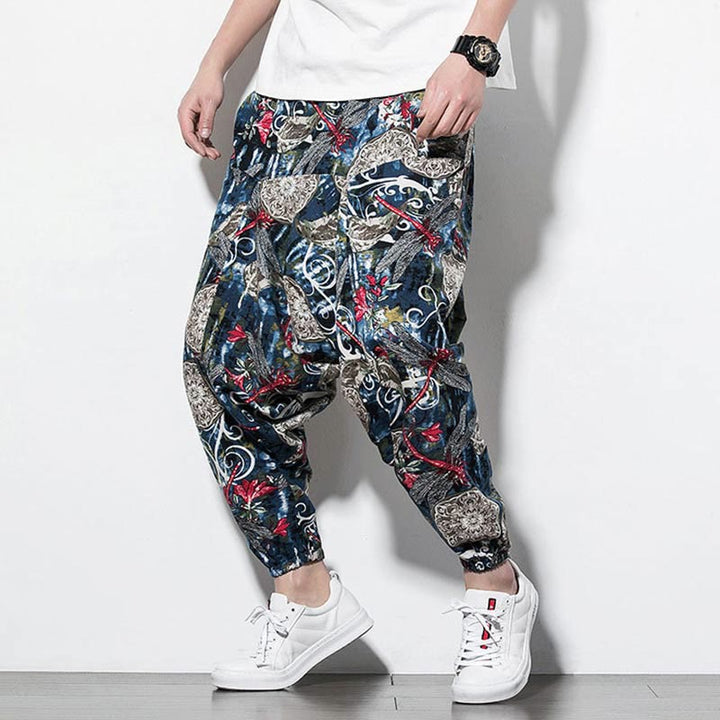 Pantaloni harem da uomo in cotone con stampa libellula rossa e tarassaco, con tasche , Buddha Stones - image 4