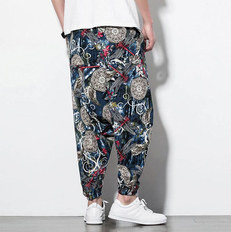 Pantaloni harem da uomo in cotone con stampa libellula rossa e tarassaco, con tasche , Buddha Stones - image 2