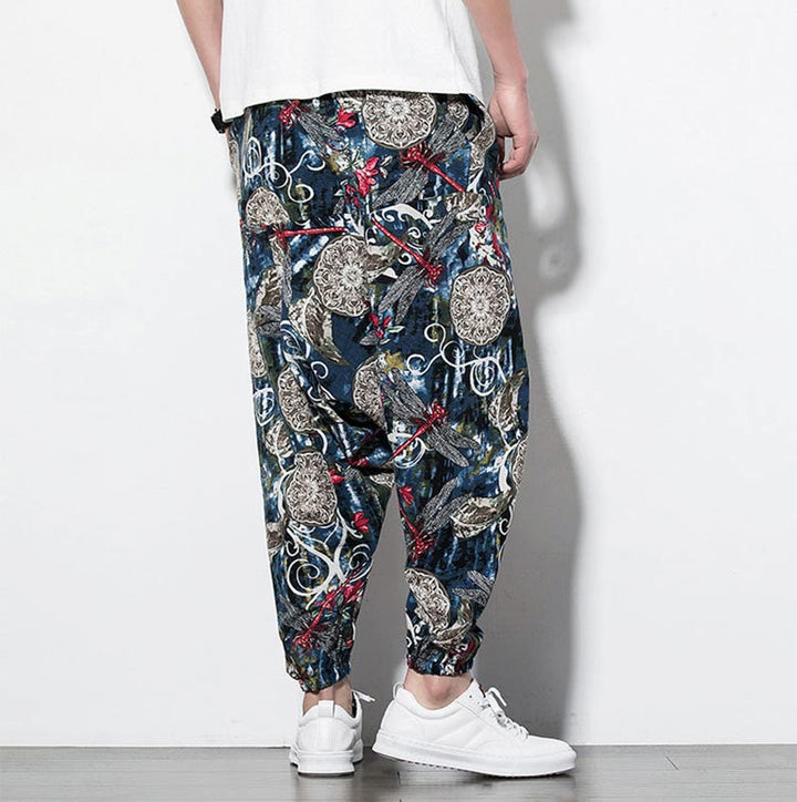 Pantaloni harem da uomo in cotone con stampa libellula rossa e tarassaco, con tasche , Buddha Stones - image 3