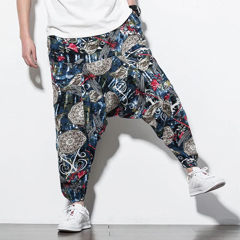 Pantaloni harem da uomo in cotone con stampa libellula rossa e tarassaco, con tasche , Buddha Stones - image 7