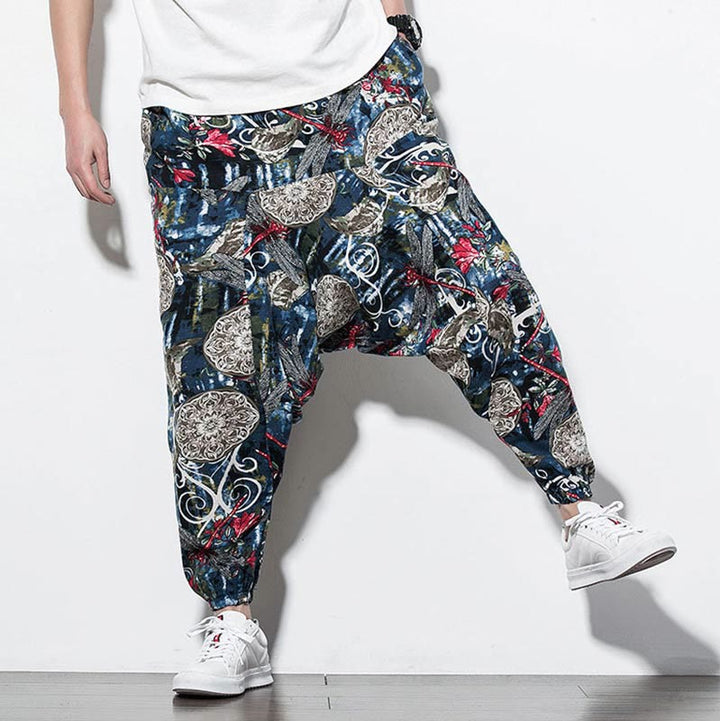 Pantaloni harem da uomo in cotone con stampa libellula rossa e tarassaco, con tasche , Buddha Stones - image 7