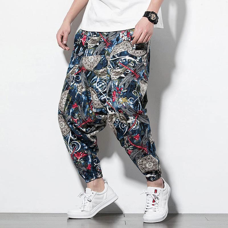 Pantaloni harem da uomo in cotone con stampa libellula rossa e tarassaco, con tasche , Buddha Stones - image 5