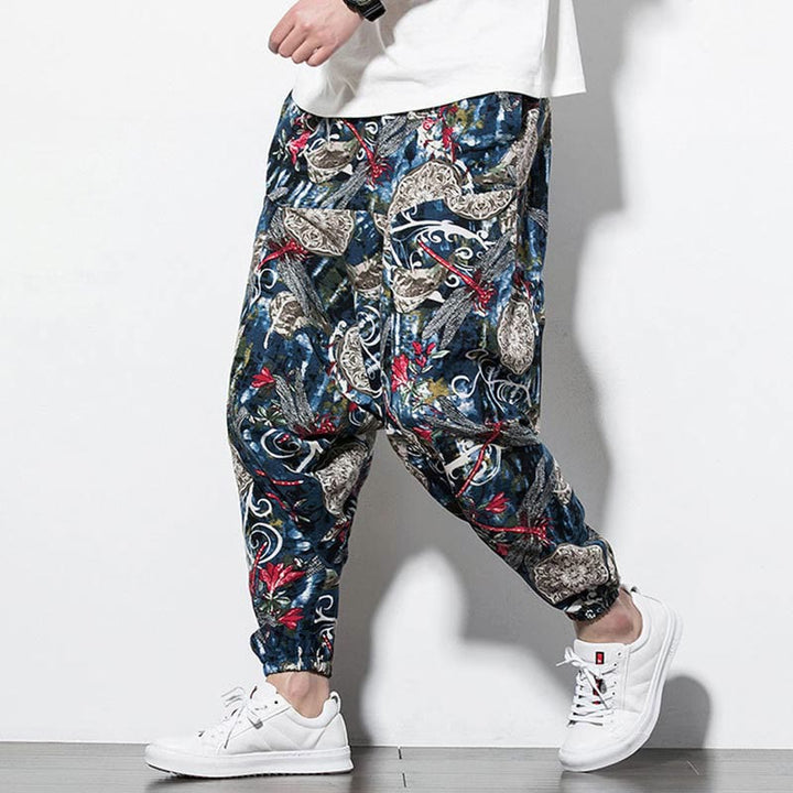 Pantaloni harem da uomo in cotone con stampa libellula rossa e tarassaco, con tasche , Buddha Stones - image 6