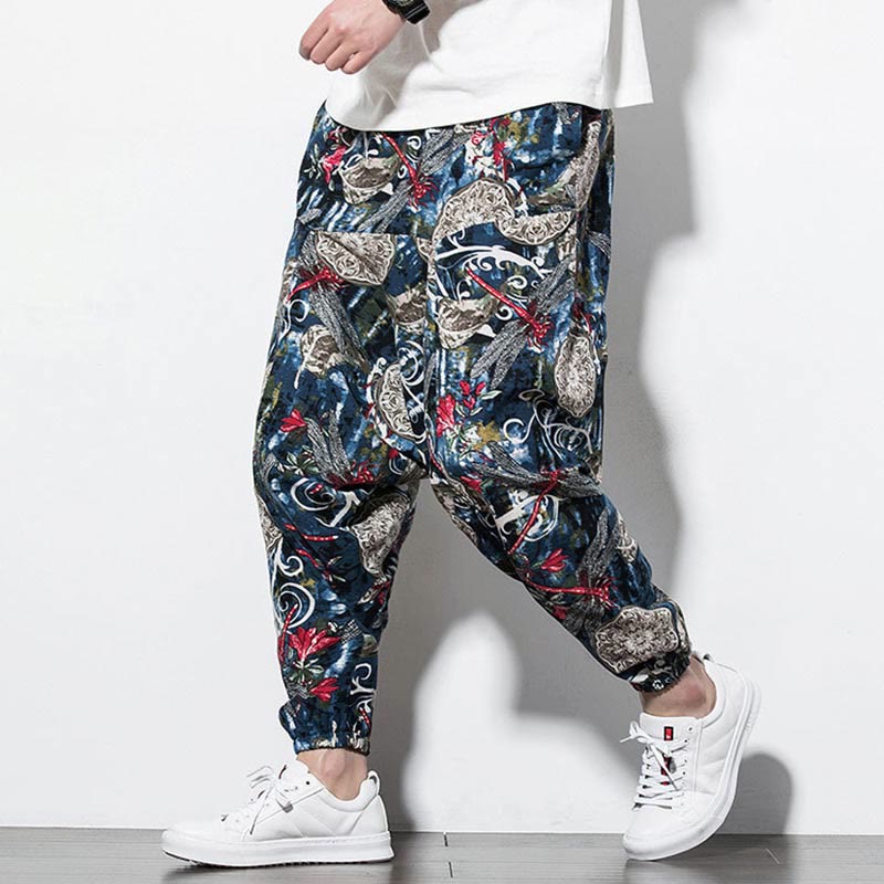 Pantaloni harem da uomo in cotone con stampa libellula rossa e tarassaco, con tasche , Buddha Stones - image 6