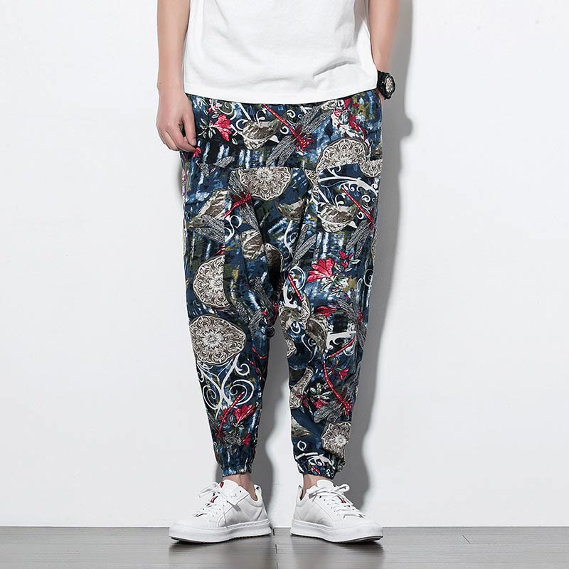 Pantaloni harem da uomo in cotone con stampa libellula rossa e tarassaco, con tasche , Buddha Stones - image 1