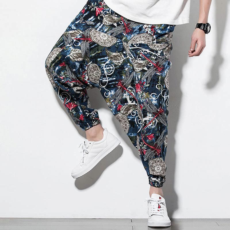 Pantaloni harem da uomo in cotone con stampa libellula rossa e tarassaco, con tasche , Buddha Stones - image 9