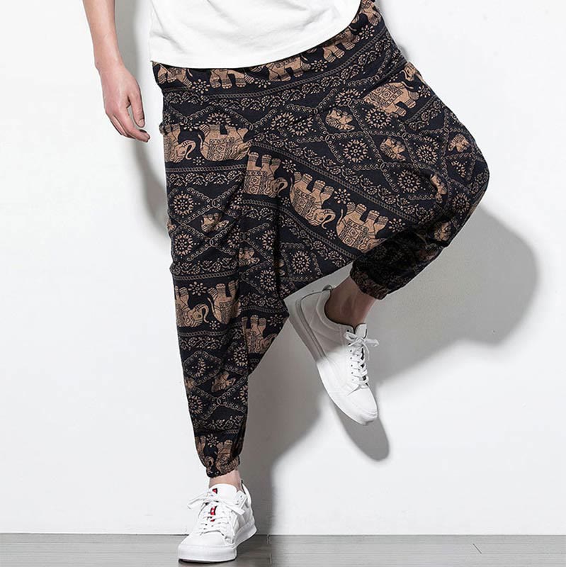 Pantaloni harem lunghi da uomo in cotone con tasche, stampati in nero e marrone con Buddha Stones - image 7