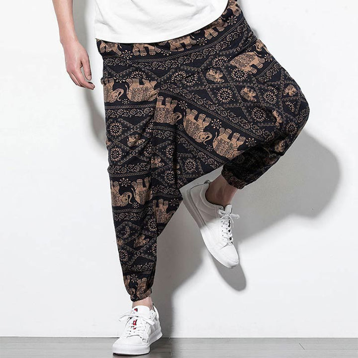 Pantaloni harem lunghi da uomo in cotone con tasche, stampati in nero e marrone con Buddha Stones - image 7
