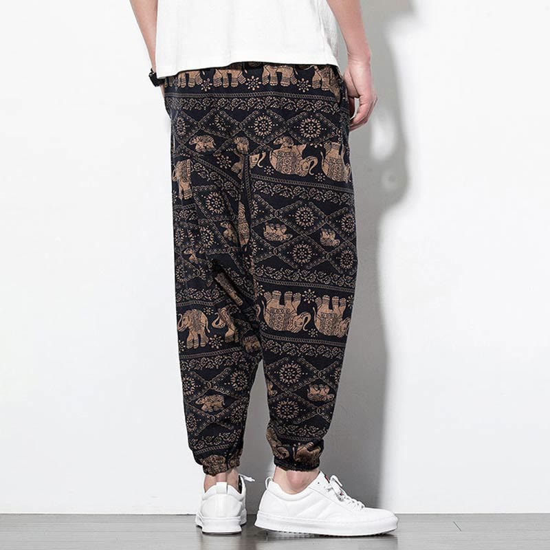Pantaloni harem lunghi da uomo in cotone con tasche, stampati in nero e marrone con Buddha Stones - image 3