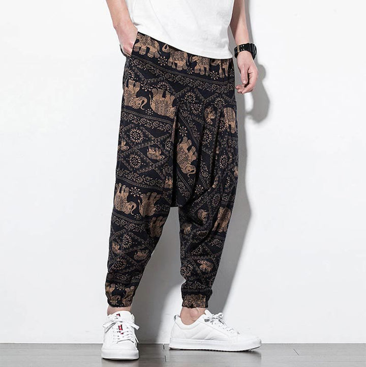Pantaloni harem lunghi da uomo in cotone con tasche, stampati in nero e marrone con Buddha Stones - image 5