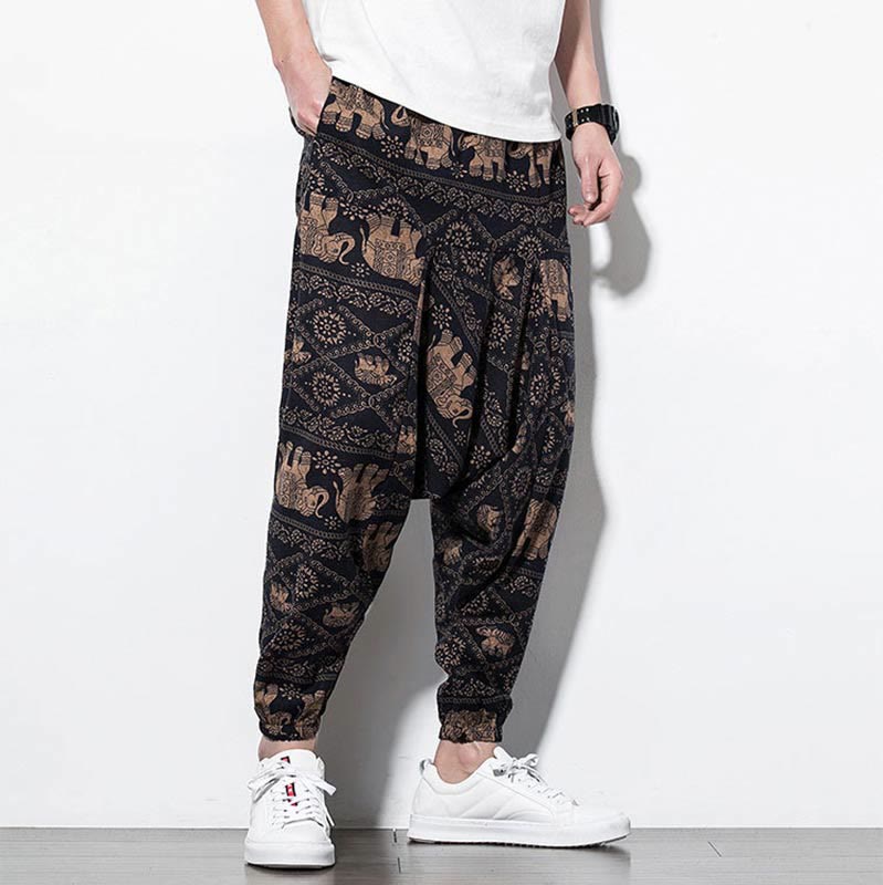 Pantaloni harem lunghi da uomo in cotone con tasche, stampati in nero e marrone con Buddha Stones - image 6