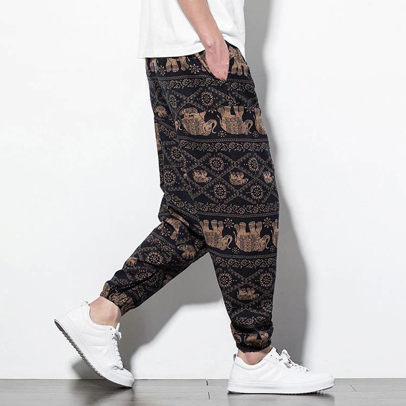 Pantaloni harem lunghi da uomo in cotone con tasche, stampati in nero e marrone con Buddha Stones - image 4