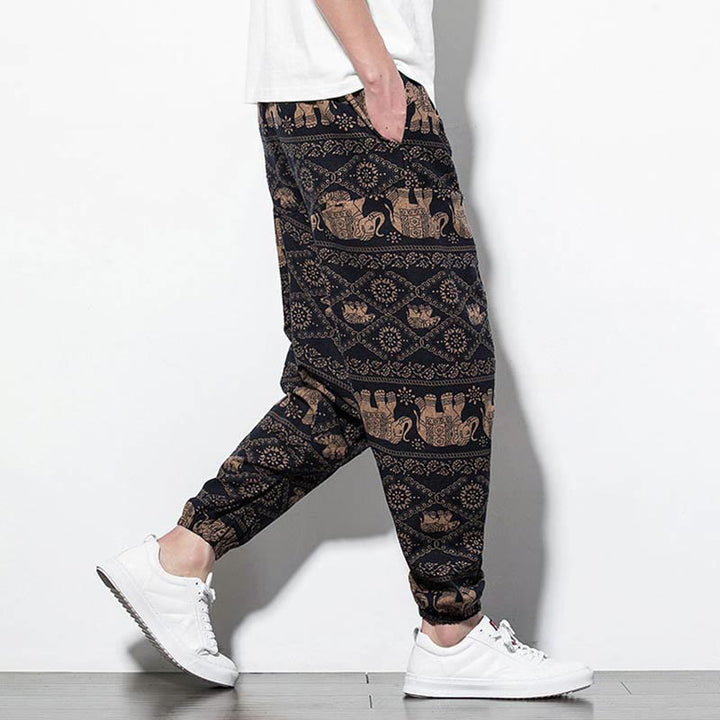 Pantaloni harem lunghi da uomo in cotone con tasche, stampati in nero e marrone con Buddha Stones - image 4