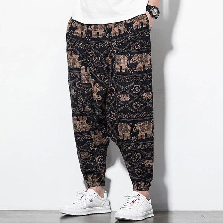 Pantaloni harem lunghi da uomo in cotone con tasche, stampati in nero e marrone con Buddha Stones - image 5