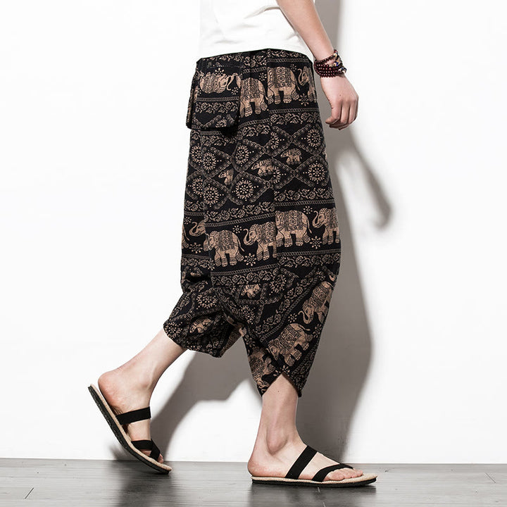 Pantaloni harem lunghi da uomo in cotone con tasche, stampati in nero e marrone con Buddha Stones - Elefante in stile corto - US/UK/AU46, EU56 (5XL) - image 9