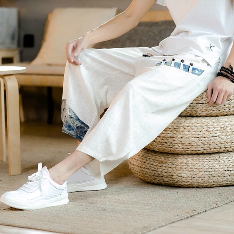 Pantaloni da uomo in cotone con coulisse, modello patchwork Buddha Stones, con tasche - image 5