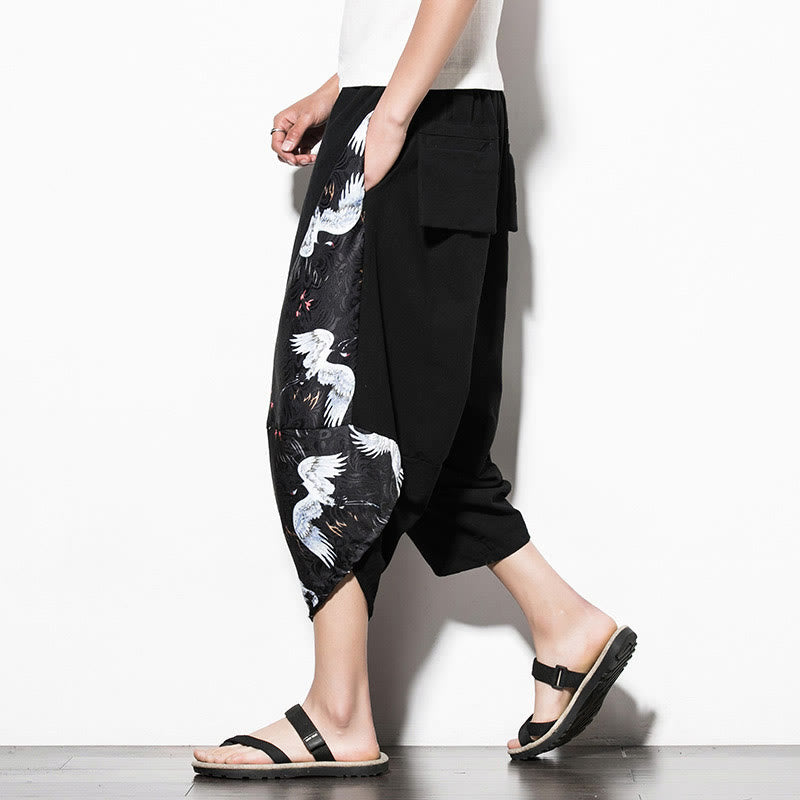 Pantaloni harem da uomo in cotone con stampa gru bianca Buddha Stones con tasche
