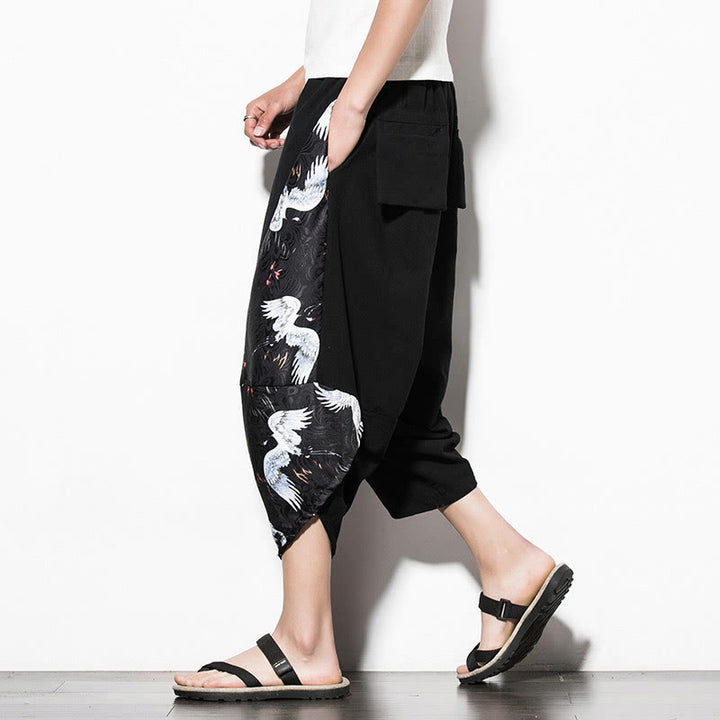 Pantaloni harem da uomo in cotone con stampa gru bianca Buddha Stones con tasche