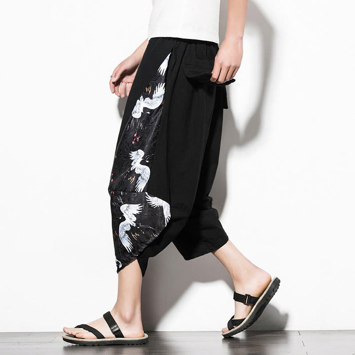 Pantaloni harem da uomo in cotone con stampa gru bianca Buddha Stones con tasche - Nero - US/UK/AU46, EU56 (5XL)  - image 0