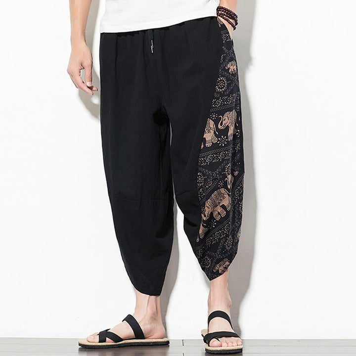 Pantaloni harem da uomo in cotone con stampa elefante marrone Buddha Stones con tasche