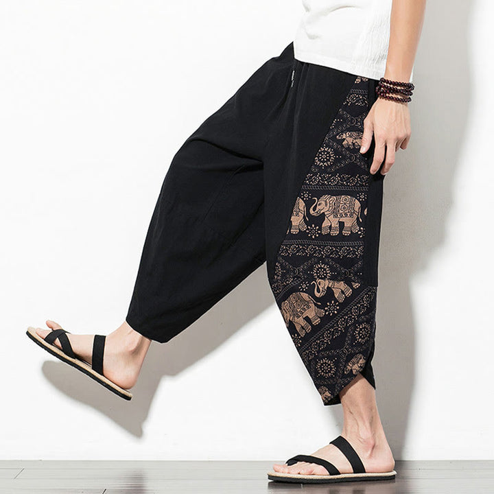 Pantaloni harem da uomo in cotone con stampa elefante marrone Buddha Stones con tasche