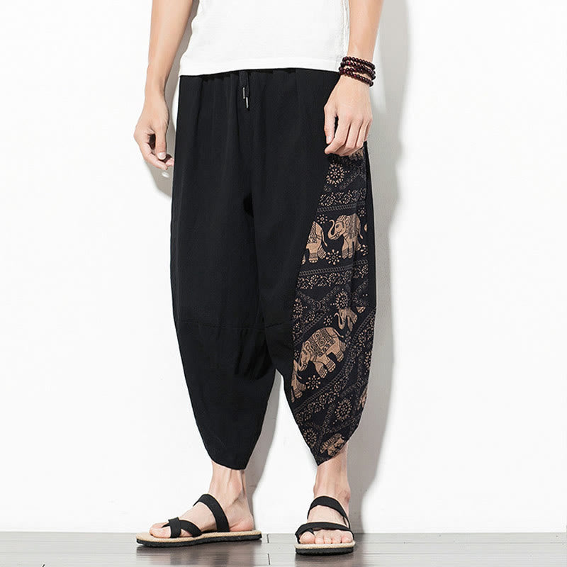 Pantaloni harem da uomo in cotone con stampa elefante marrone Buddha Stones con tasche